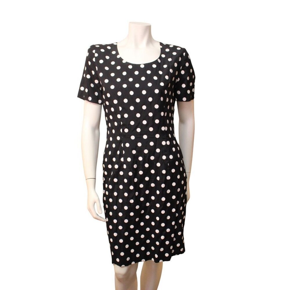 Vintage 80s Gaccina Black White Polka Dot Rayon Short Sleeve Dress Size 10